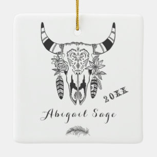Personalisierter Boho Stammesschädel Grau und Weiß Keramikornament