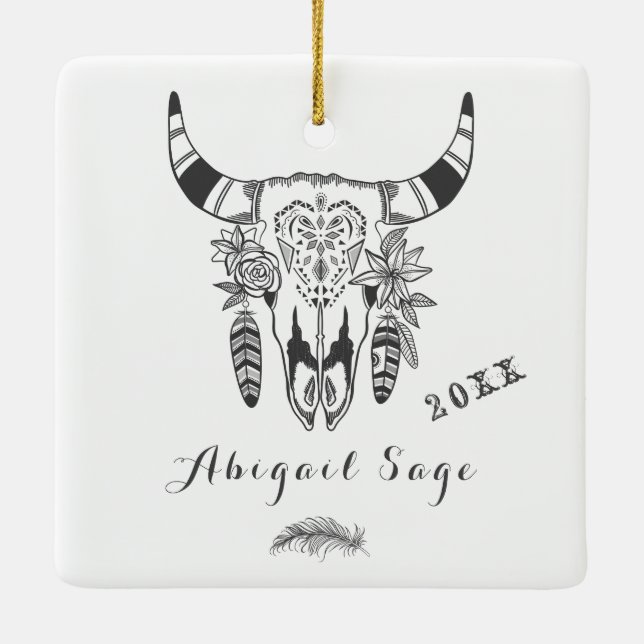 Personalisierter Boho Stammesschädel Grau und Weiß Keramikornament (Rückseite)