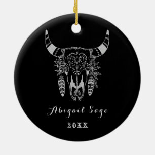 Personalisierter Boho Stammesschädel Schwarz-Weiß Keramik Ornament