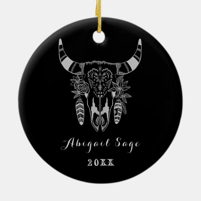 Personalisierter Boho Stammesschädel Schwarz-Weiß Keramik Ornament (Hinten)