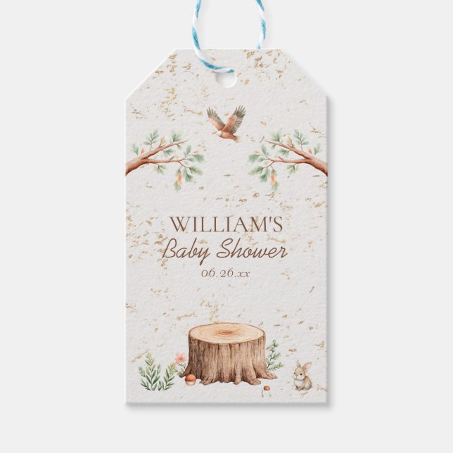 Personalisierter Boho-Wald-Babyshower-Hintergrund Geschenkanhänger (Vorderseite)