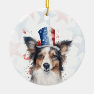 Personalisierter Border Collie Hund, 4. Juli Keramik Ornament