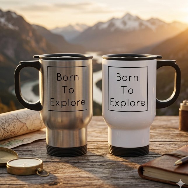 Personalisierter Born To Explore Reisebecher (Travel mug with personalized text reads "Born To Explore")