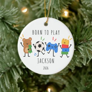 Personalisierter Born to Play Kinder-Weihnachtssch Keramik Ornament