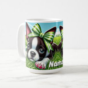 Personalisierter Boston Terrier Welpe mit grünem B Kaffeetasse