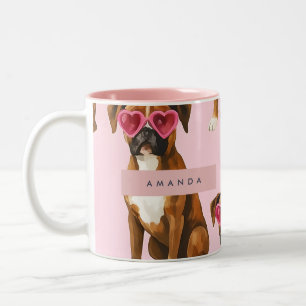 Personalisierter Boxerhund mit rosa Herzbrille Zweifarbige Tasse