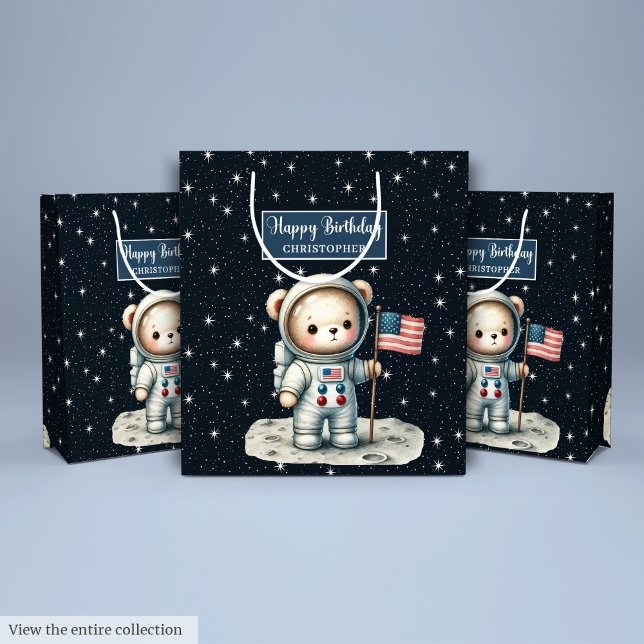 Personalisierter Boy-Geschenktasche mit Bärenthema Mittlere Geschenktüte (Personalized Boy Gift Bag with Space Bear Theme)