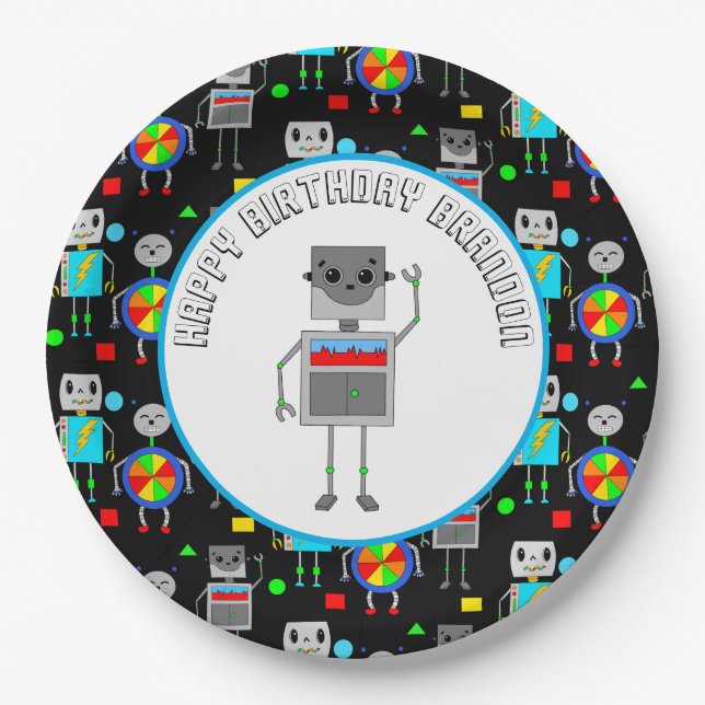 Personalisierter Boy's Birthday Robot Pappteller (Vorderseite)