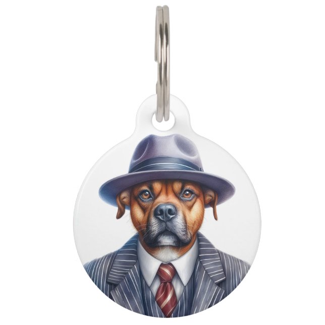 Personalisierter brauner Hund Gangster Anzug Wasse Haustiermarke (Vorderseite)