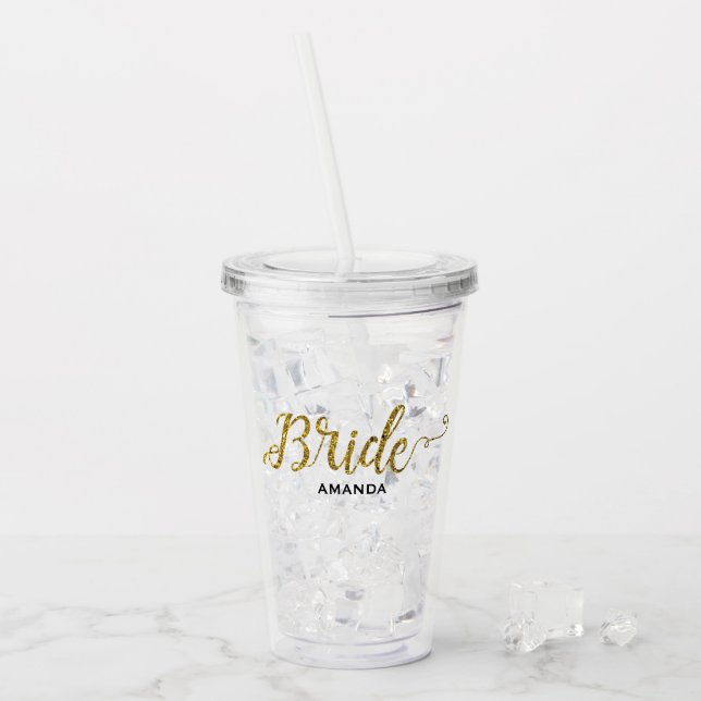 Personalisierter Braut-GoldGlitzer Acryltrinkbecher (Vorderseite Ice)