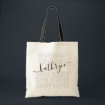 Personalisierter Bridesmaid-Name Custom Totbeutel Tragetasche<br><div class="desc">Custom Bridesmaid Name Personalisiert Tote Bag mit bearbeitbarem Text und Text für Datum,  Ziel oder Ort,  Name und lustiges Zitat wie "Kleiderhalter,  Trinken Föcher,  Sanity Keeper" mit schwarzen Tragegriffen macht einen Spaß und nützlichen Sake für alle Ihre Brautmädchen.</div>