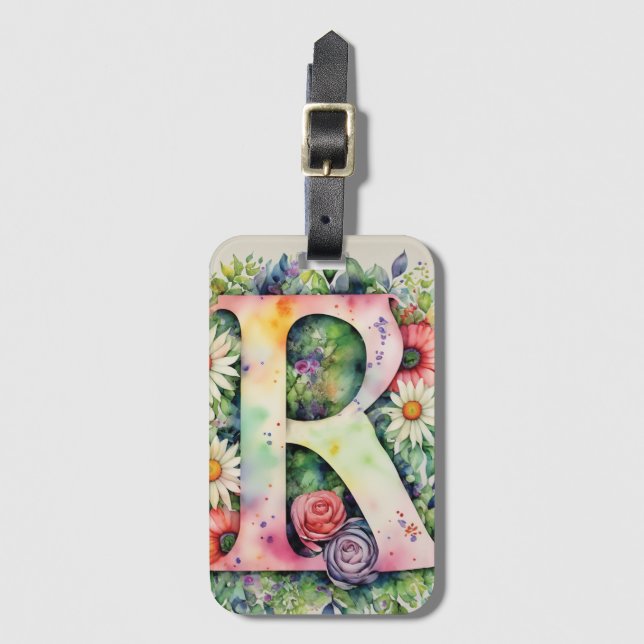Personalisierter Buchstabe R Daisy Floral Water co Gepäckanhänger (Vorderseite Vertikal)