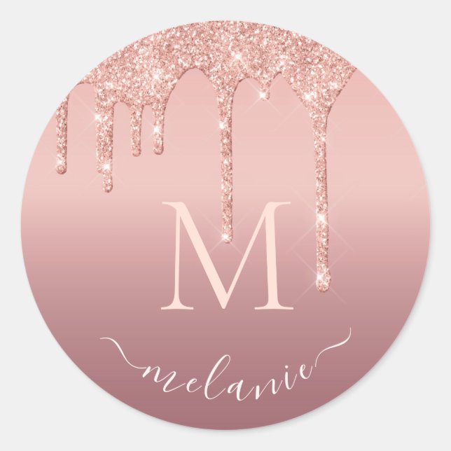 Personalisierter Buchstabenname Rose Gold Glitzer  Runder Aufkleber (Vorderseite)