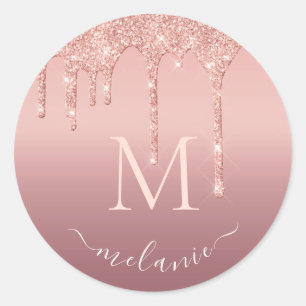 Personalisierter Buchstabenname Rose Gold Glitzer  Runder Aufkleber