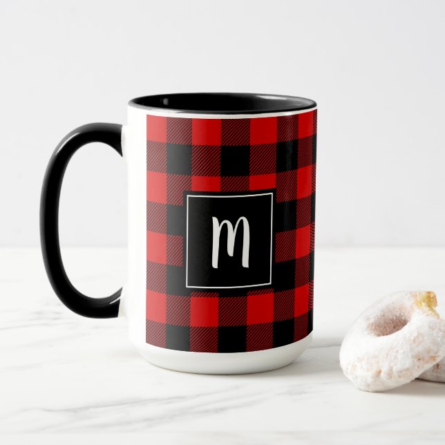 Personalisierter Büffel-kariertes rotes schwarzes Tasse (Mit Donut)