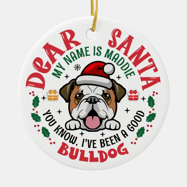 Personalisierter Bulldoghund Weihnachtsbaum Runde Keramik Ornament (Vorne)