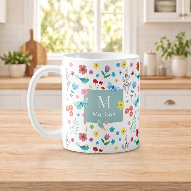 Personalisierter Bunter Blumiger Monogramm-Kaffeeb Kaffeetasse (Von Creator hochgeladen)