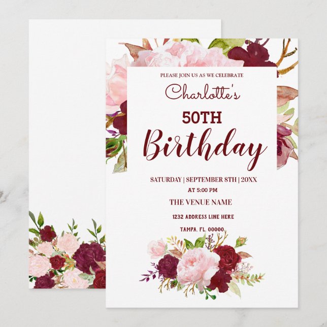 Personalisierter Burgund Floral Geburtstag Einladung (Vorne/Hinten)