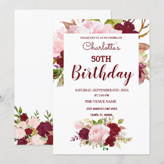 Personalisierter Burgund Floral Geburtstag Einladung