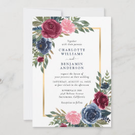 Personalisierter Burgund Navy Blue Gold Floral Einladung