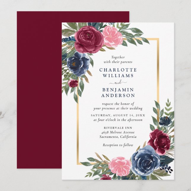 Personalisierter Burgund Navy Blue Gold Floral Einladung (Vorne/Hinten)