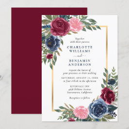 Personalisierter Burgund Navy Blue Gold Floral Einladung