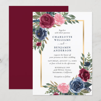 Personalisierter Burgund Navy Blue Gold Floral Einladung