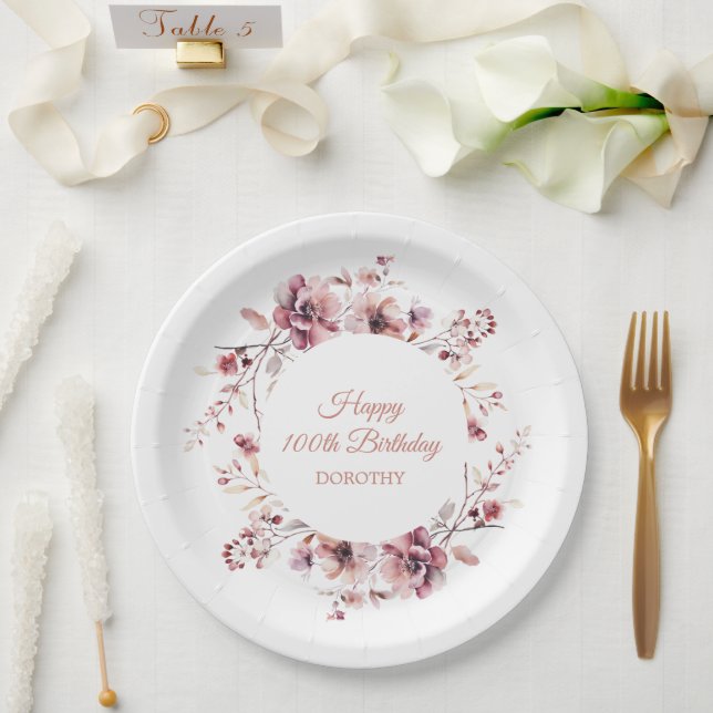 Personalisierter Burgund Pink Floral 100. Geburtst Pappteller (Hochzeit)