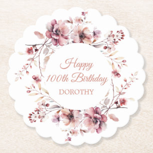 Personalisierter Burgund Pink Floral 100. Geburtst Untersetzer