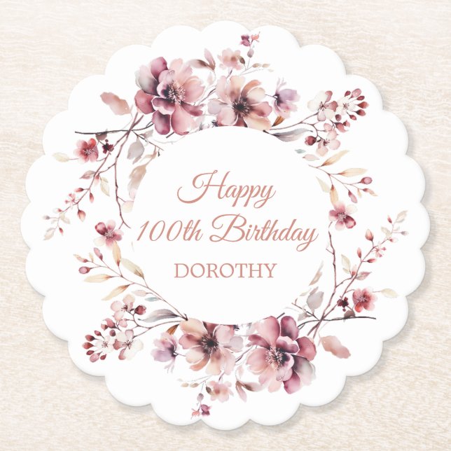 Personalisierter Burgund Pink Floral 100. Geburtst Untersetzer (Vorderseite)