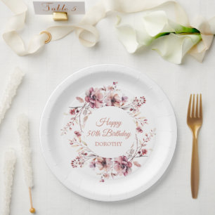 Personalisierter Burgundy Pink Blüte 50. Geburtsta Pappteller