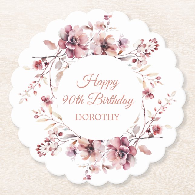 Personalisierter Burgundy Pink Floral 90. Geburtst Untersetzer (Vorderseite)