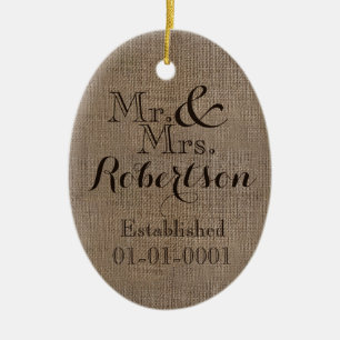 Personalisierter Burlap-Look Rustikaler Hochzeitsk Keramik Ornament