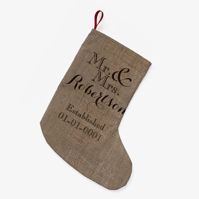 Personalisierter Burlap-Look Rustikaler Wedding Ke Kleiner Weihnachtsstrumpf (Vorderansicht (hängend))