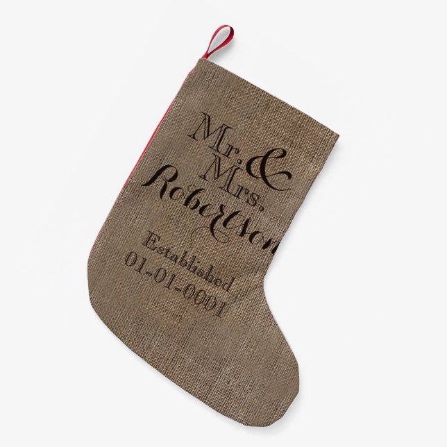 Personalisierter Burlap-Look Rustikaler Wedding Ke Kleiner Weihnachtsstrumpf (Vorderansicht (hängend))