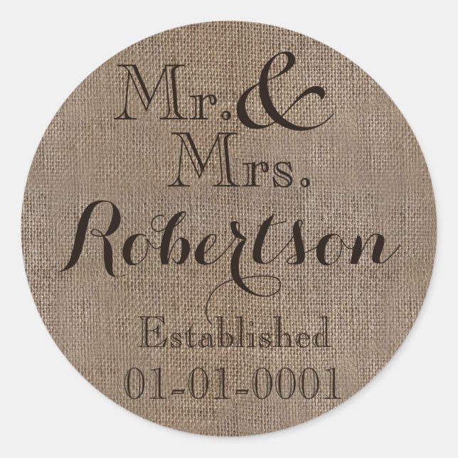 Personalisierter Burlap-Look Rustikaler Wedding Ke Runder Aufkleber (Vorderseite)