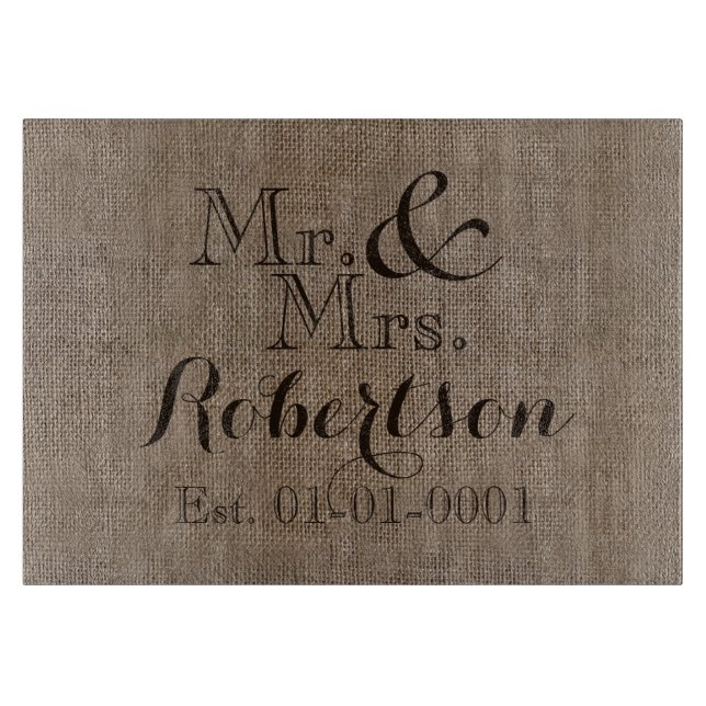 Personalisierter Burlap-Look Rustikaler Wedding Ke Schneidebrett (Vorderseite)