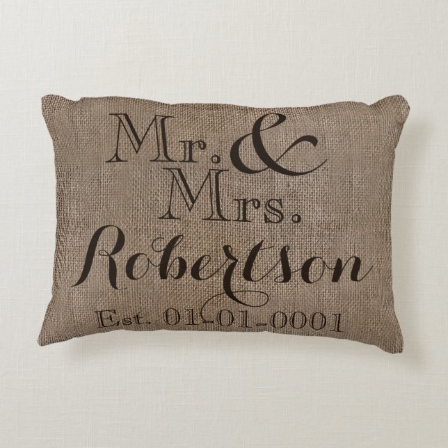 Personalisierter Burlap-Look Rustikaler Wedding Ke Zierkissen (Rückseite)