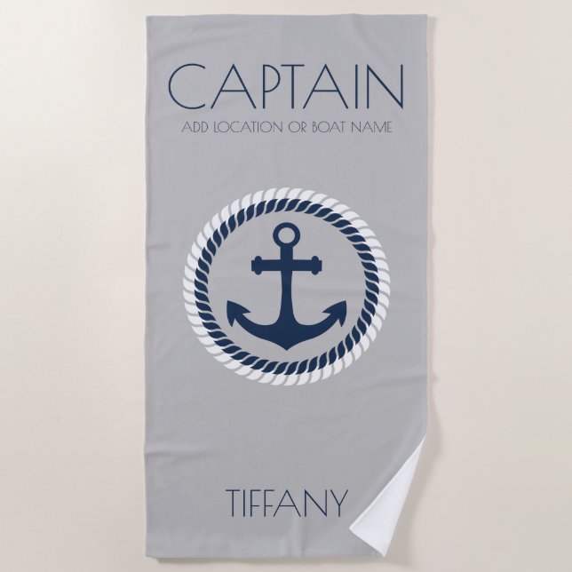 Personalisierter Captain Nautical Anchor Boat Strandtuch (Vorderseite)