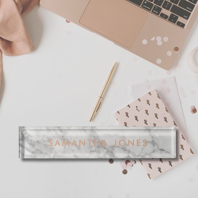 Personalisierter Carrara-Marmor Namensplakette (Minimalist Modern White Marble Rose Gold Nameplate
)