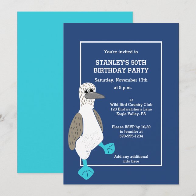 Personalisierter Cartoon Blue Footed Booby Bird Pa Einladung (Vorne/Hinten)