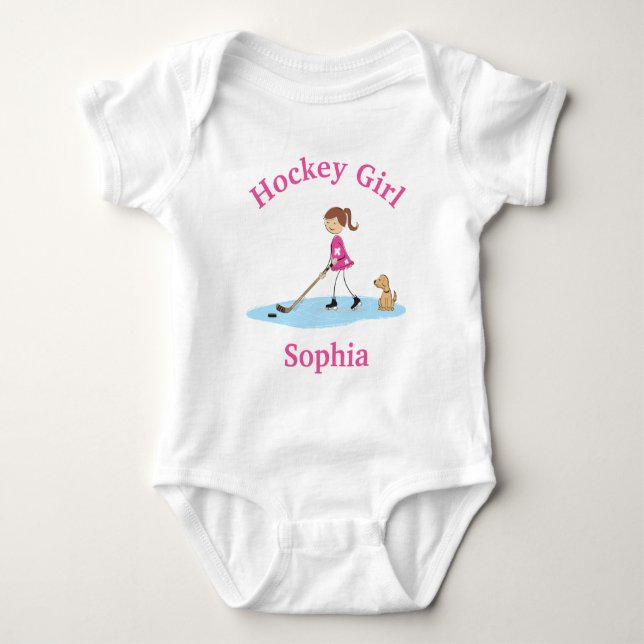 Personalisierter Cartoon Hockey Girl Pink Baby Strampler (Vorderseite)