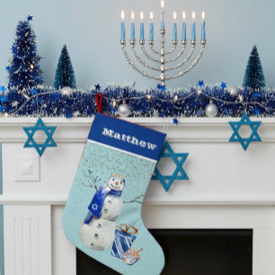 Personalisierter Chanukka blauer Schneemann Aquare Kleiner Weihnachtsstrumpf