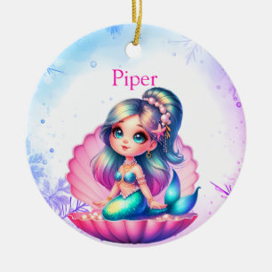 Personalisierter Chibi-Meerjungfrau-in-Muschel-Wei Keramik Ornament