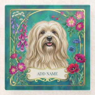 Personalisierter Creme-Lhasa-Apso-Blumen-Glasunter Glasuntersetzer