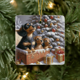 Personalisierter Dachshund-Familien-Weihnachtsbaum Keramikornament