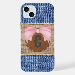 Personalisierter Denim & Leder mit rosa Bow iPhone 15 Plus Hülle