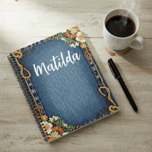 Personalisierter Denim- und Blumenrahmen  Notizbuch