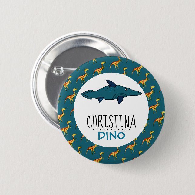 Personalisierter Dino Name, Dinosaurier 6 cm Abzei Button (Vorne & Hinten)