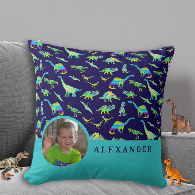 Personalisierter Dinosaurier Blauer Kissen (Colorful dinosaur boys personalized photo and name navy blue pillow Cute dino home decor for kids)
